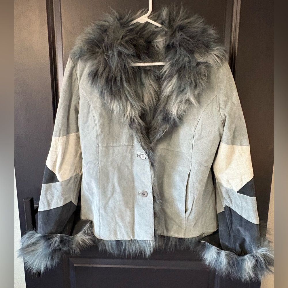 RARE Vintage Blue Faux Fur Jacket Penny Lane Patchwork Coat Jacket Schott NYC